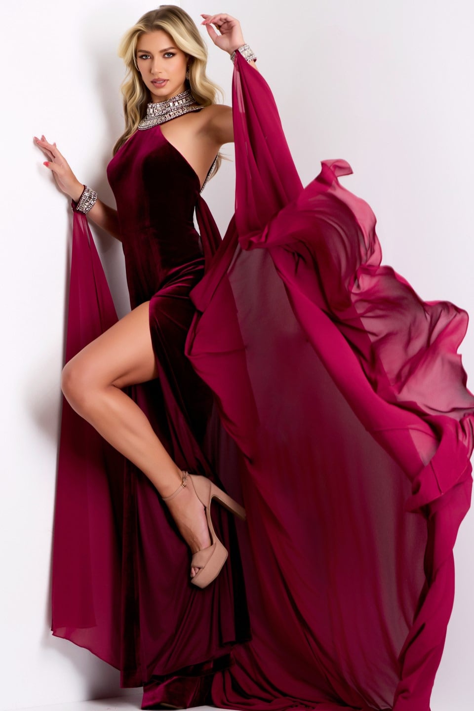 Jovani 43699 Halter Velvet Gown with Bejeweled Collar and Drape