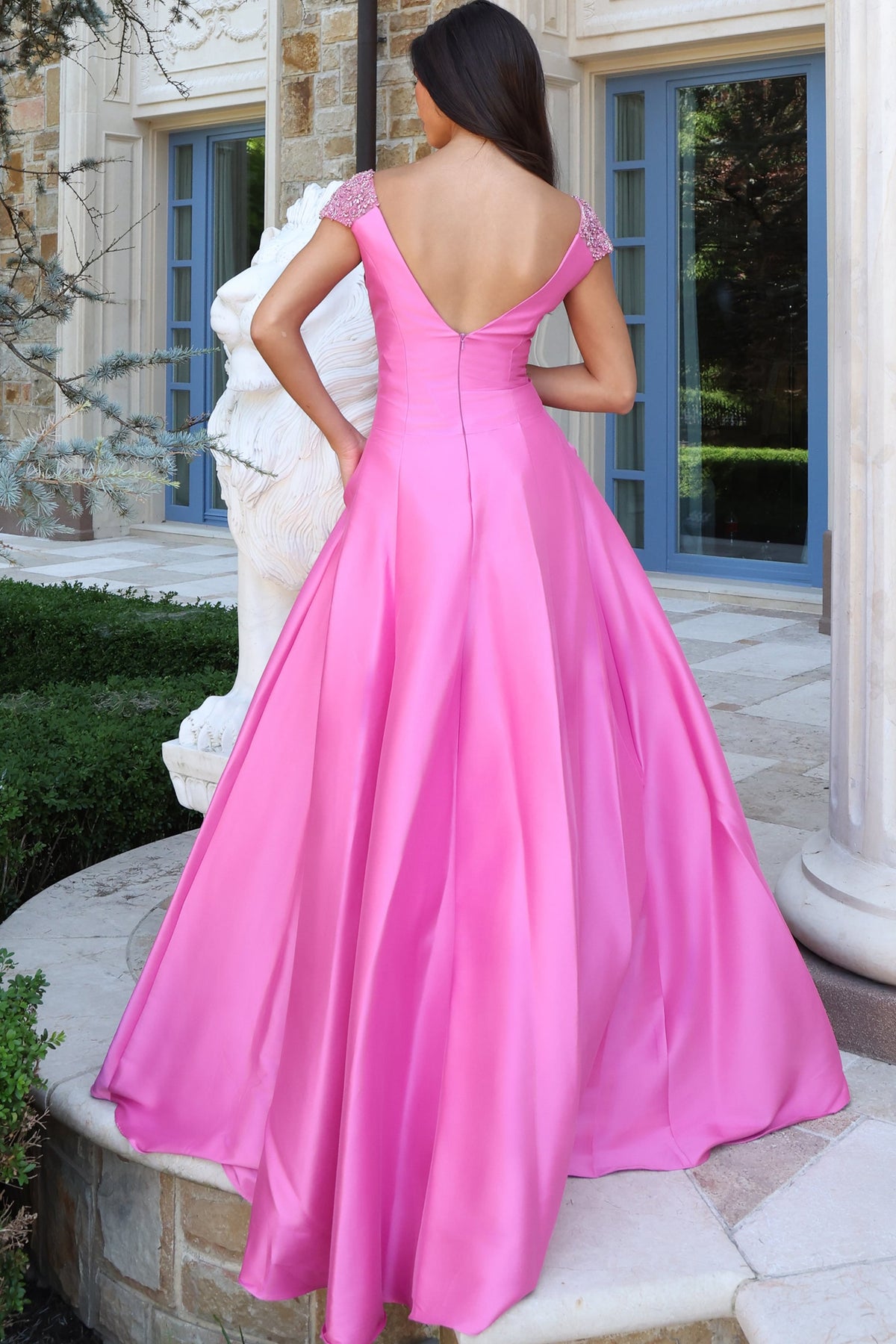 Jovani 43809 Satin Ball Gown with Beaded Cap Sleeves