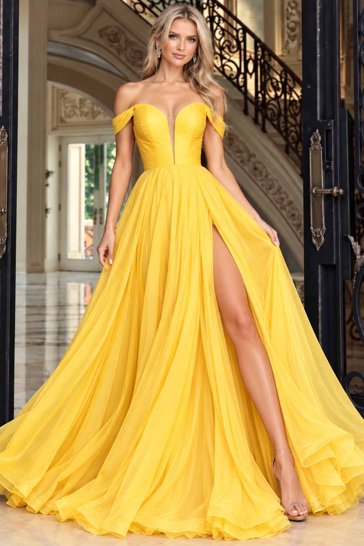 Jovani 43842 Off the Shoulder Gown with Cut-Out Lace Up Back