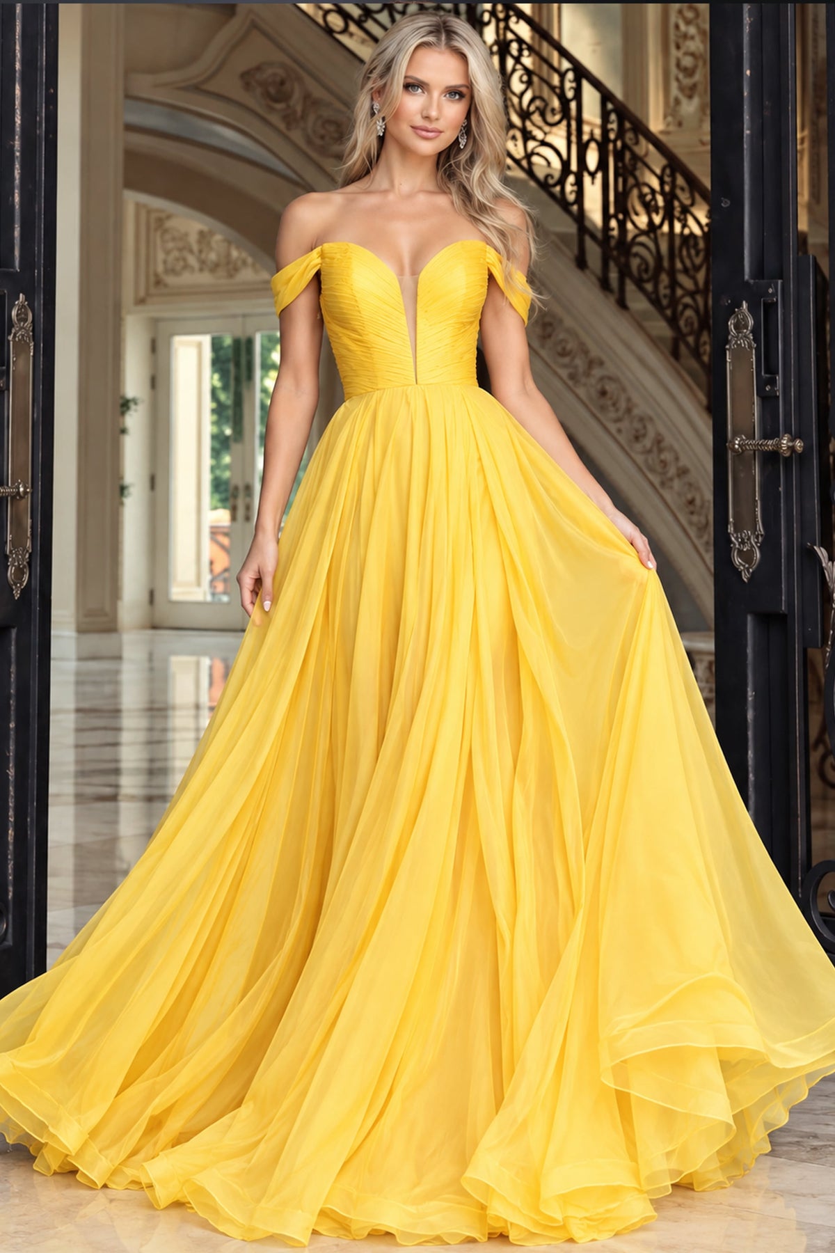 Jovani 43842 Off the Shoulder Gown with Cut-Out Lace Up Back
