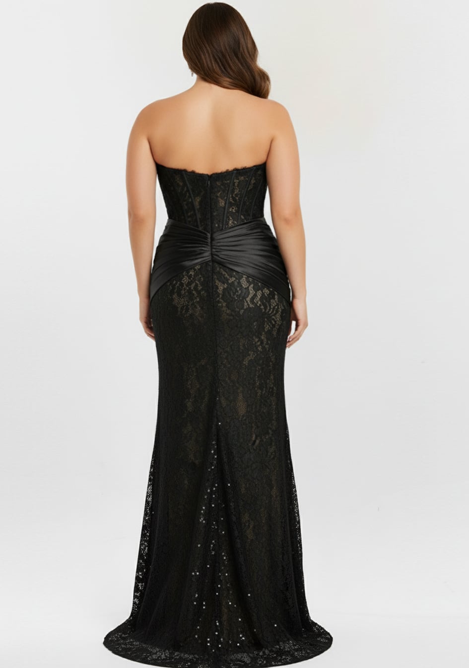 Jovani 43856 Strapless Lace Gown with Draped Satin Waist
