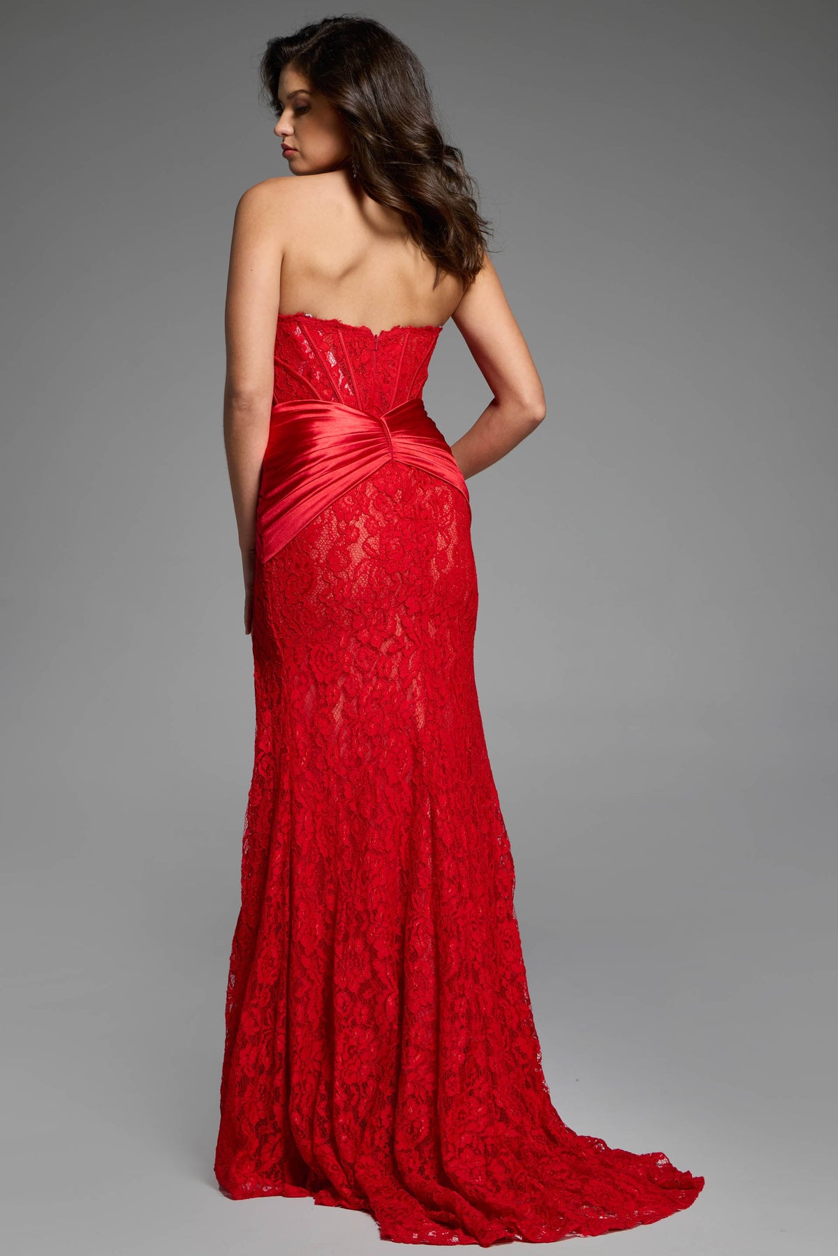 Jovani 43859 Strapless Black Lace Evening Gown with Ruched Satin Accent