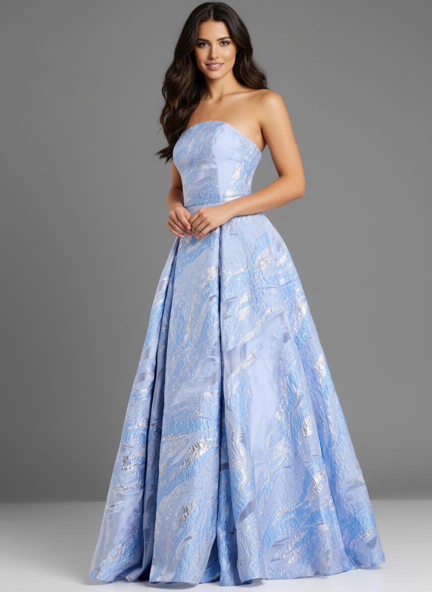 Jovani 44369 Strapless A-Line Gown with Textured Floral Motif