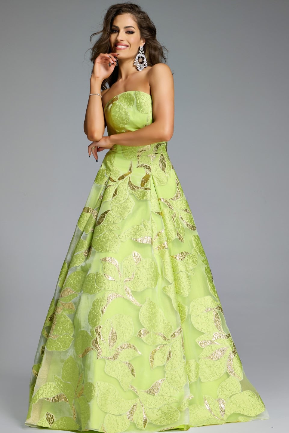 Jovani 44369 Strapless A-Line Gown with Textured Floral Motif