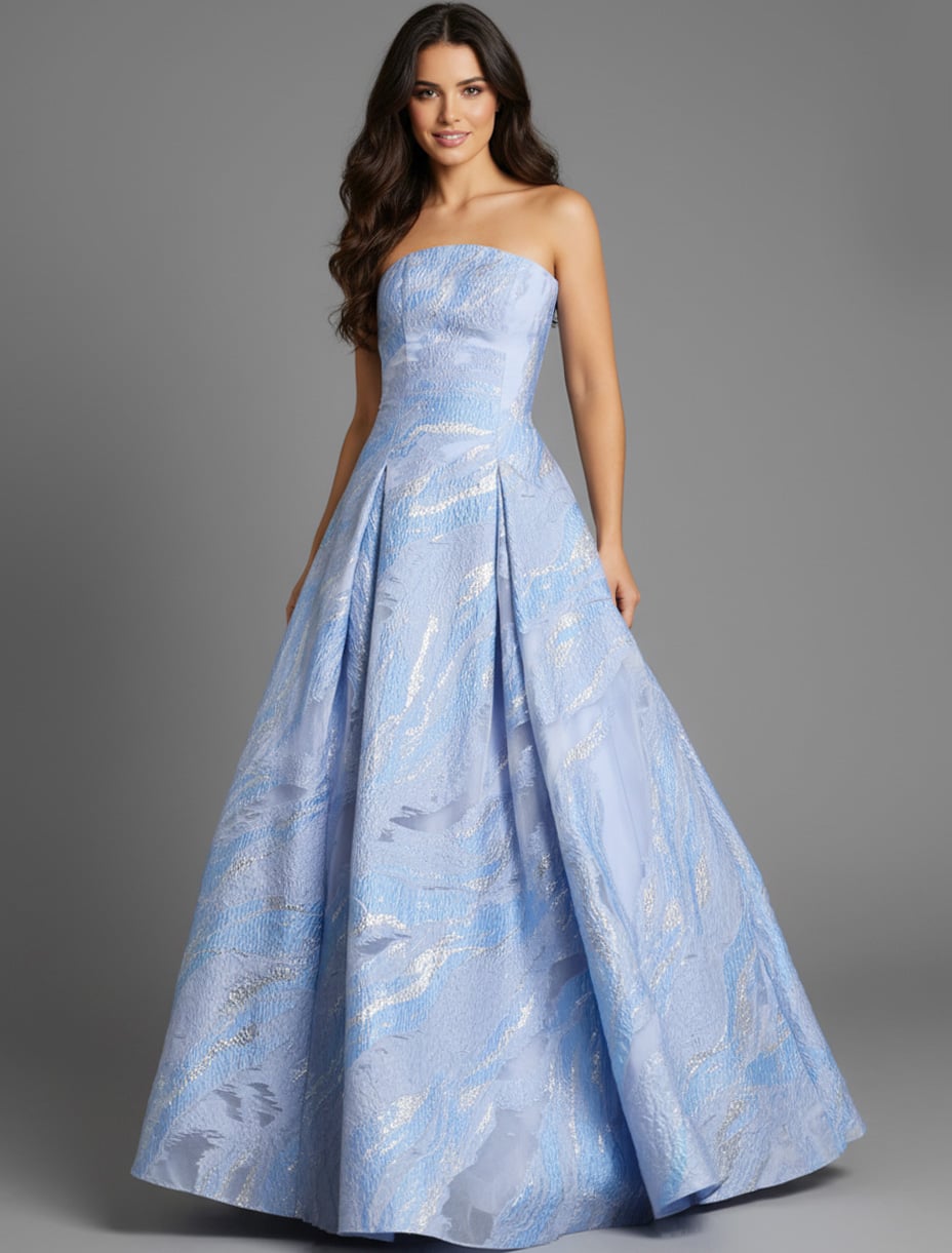 Jovani 44369 Strapless A-Line Gown with Textured Floral Motif