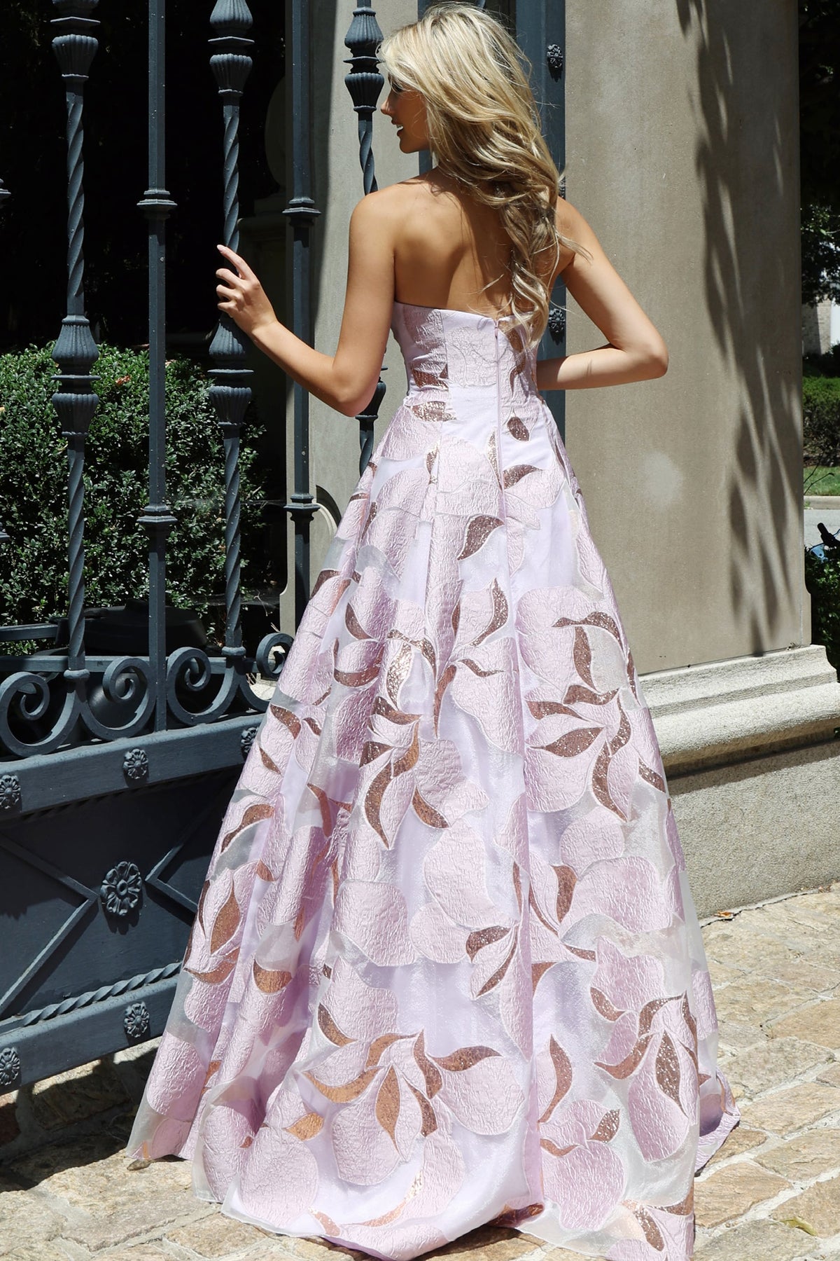 Jovani 44369 Strapless A-Line Gown with Textured Floral Motif