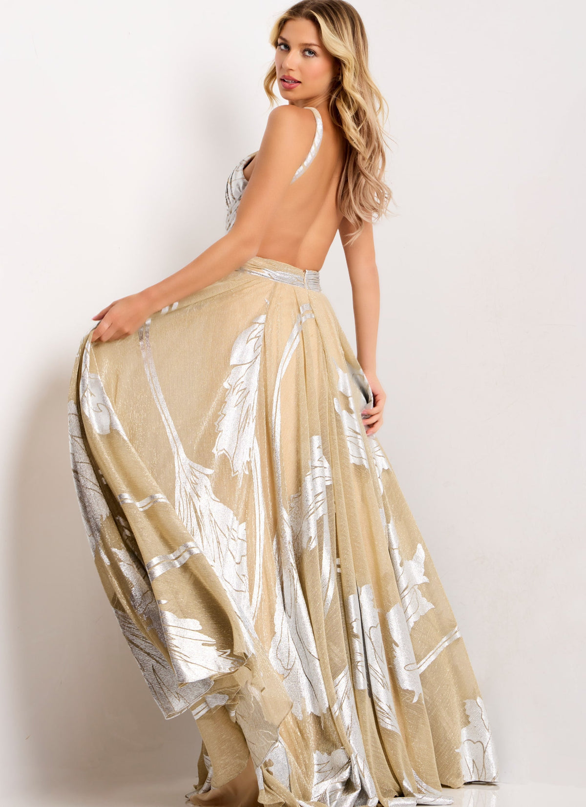 Jovani 44421 Elegant Halter A-Line Gown with Metallic Leaf Accents