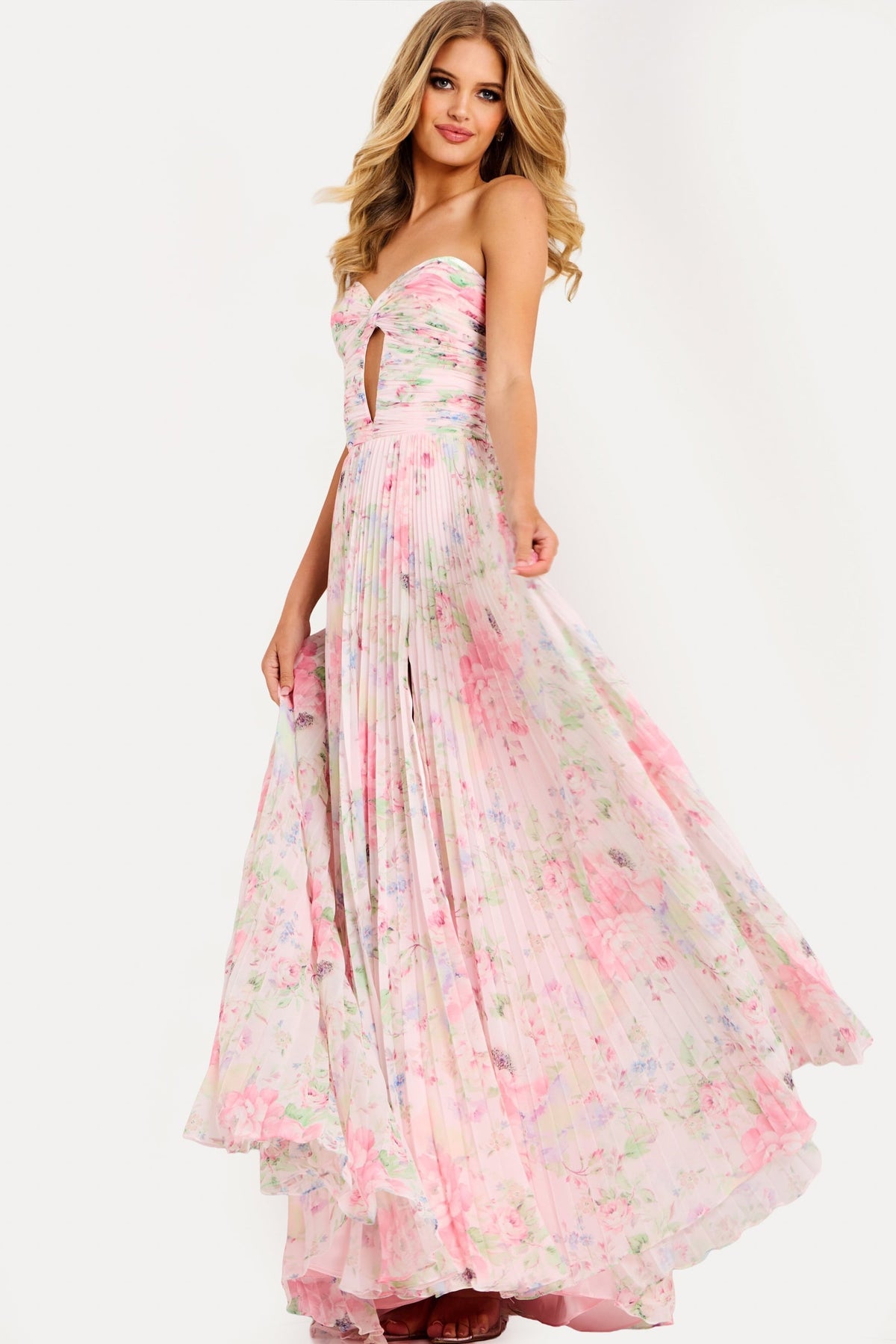 Jovani 44518 Floral Strapless Pleated Prom Dress