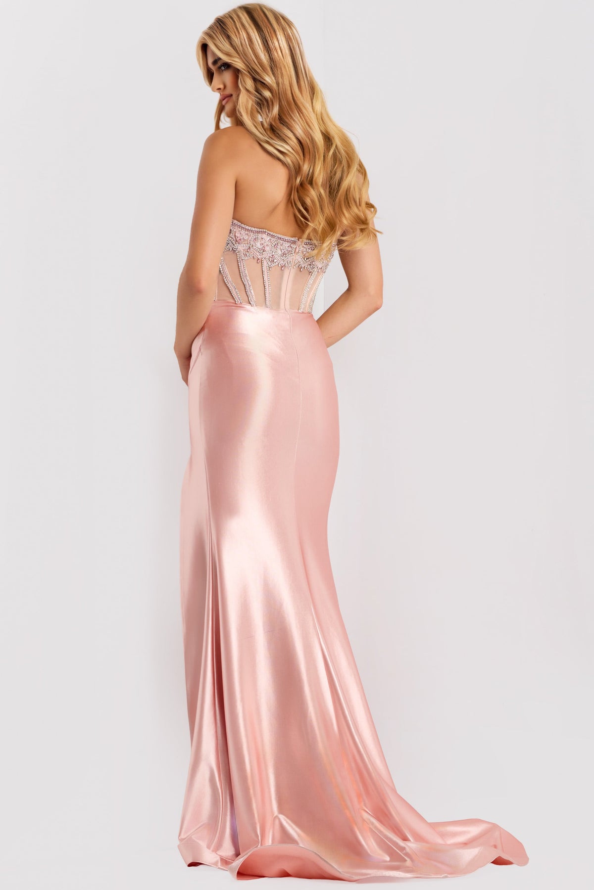 Jovani 45593 Sheer Beaded Corset Satin Mermaid Gown