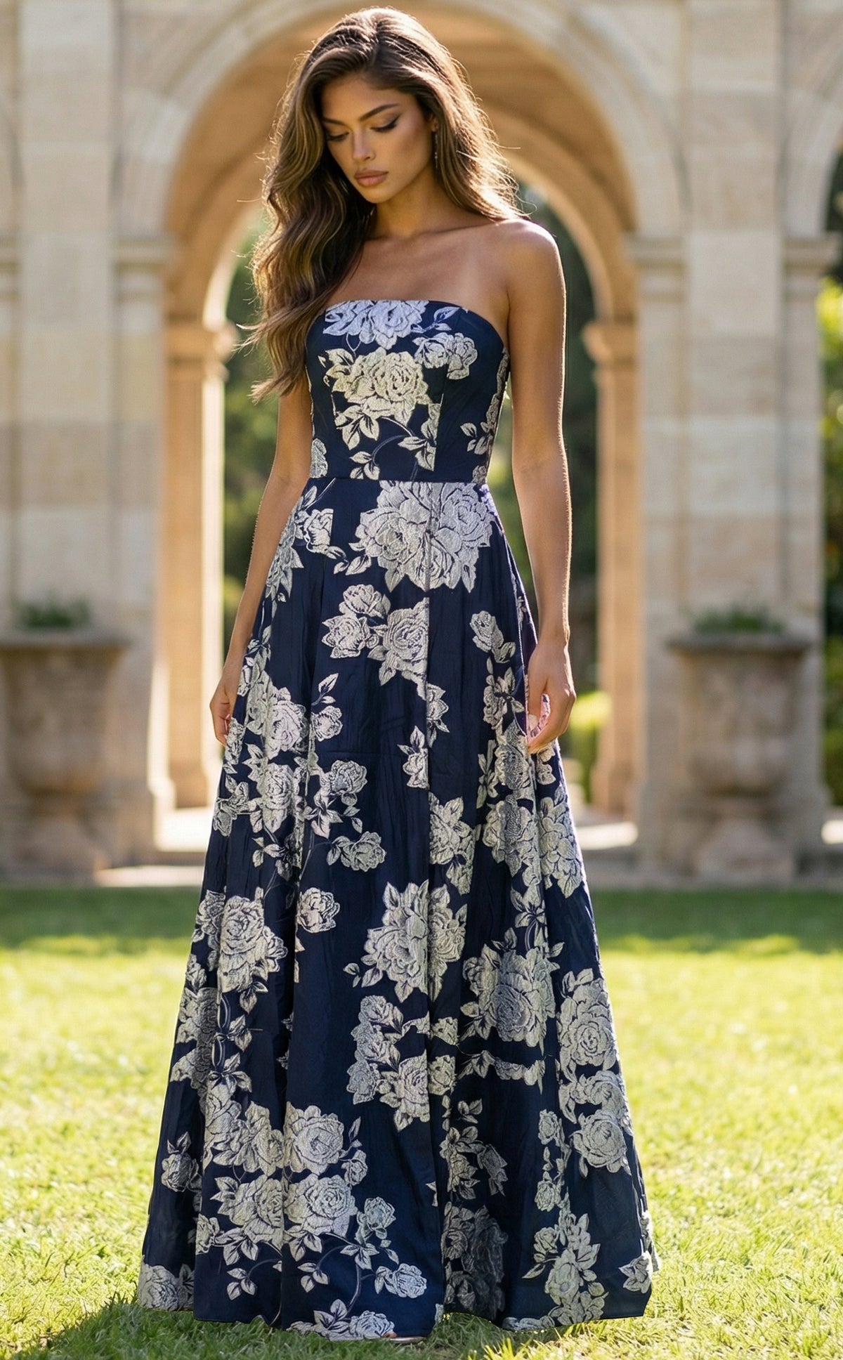 Jovani 45721 Strapless Jacquard Gown With Side Slit And Floral Design