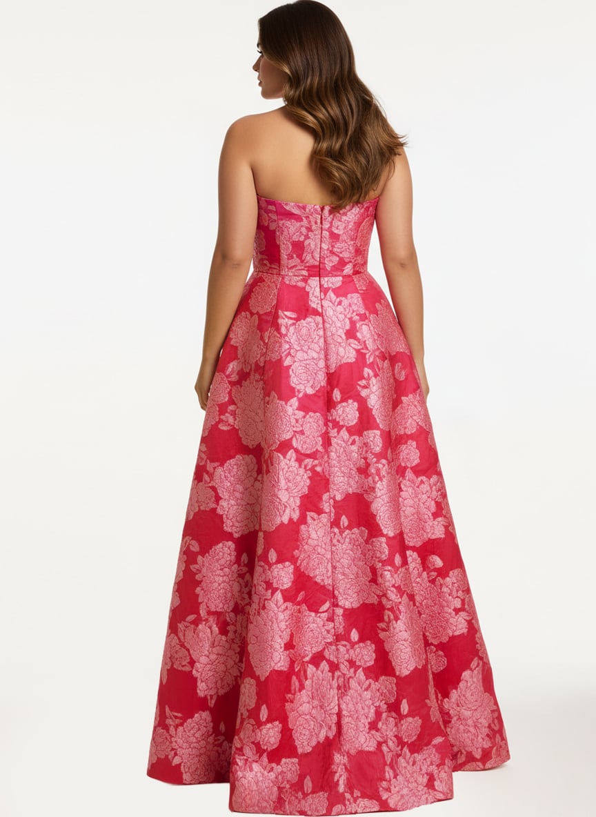 Jovani 45721 Strapless Jacquard Gown With Side Slit And Floral Design