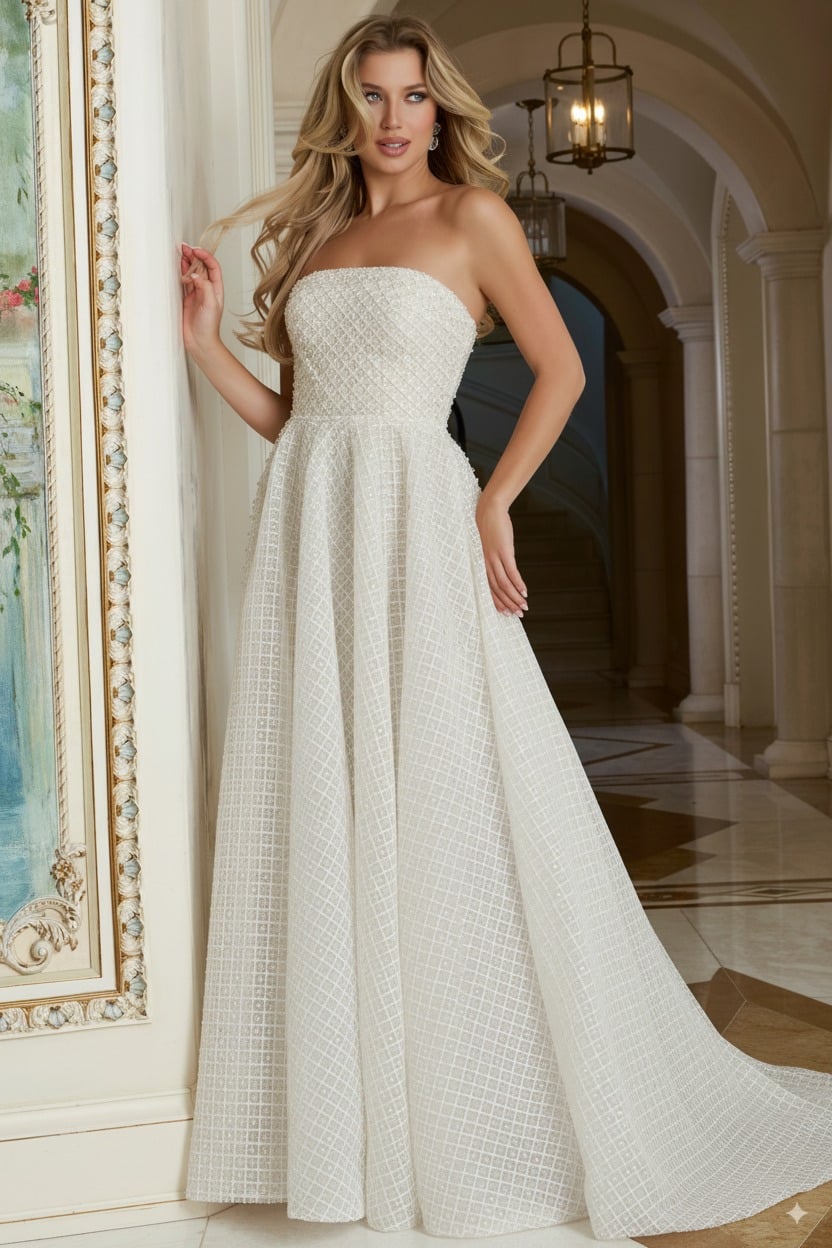 Jovani 45788 Strapless A-line gown featuring a textured grid pattern