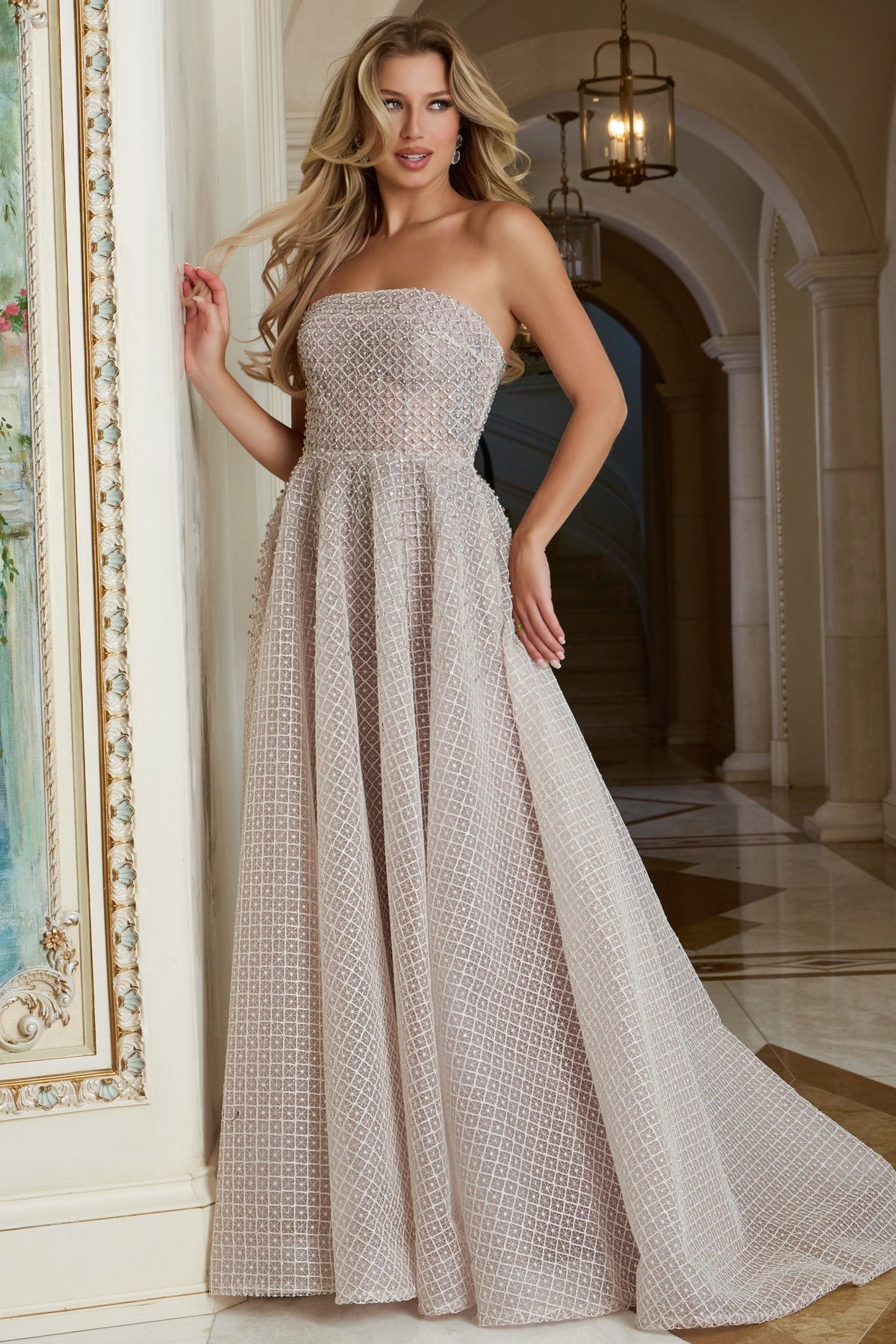 Jovani 45788 Strapless A-line gown featuring a textured grid pattern