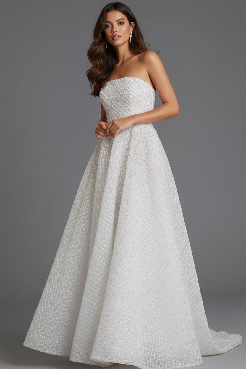 Jovani 45788 Strapless A-line gown featuring a textured grid pattern