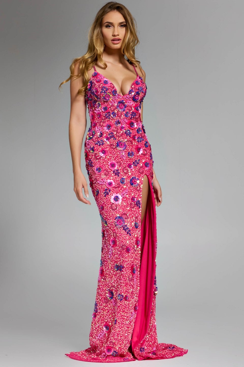 Jovani 46097 Sleeveless Gown with Plunging Neckline and Floral Embellishments