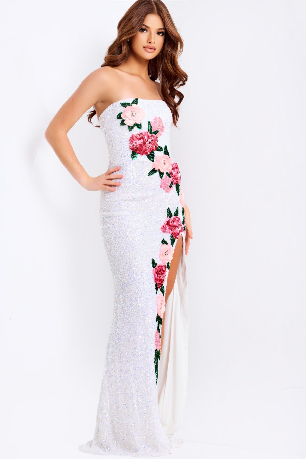 Jovani 46694 Strapless Sequin Floral Dress With Slit