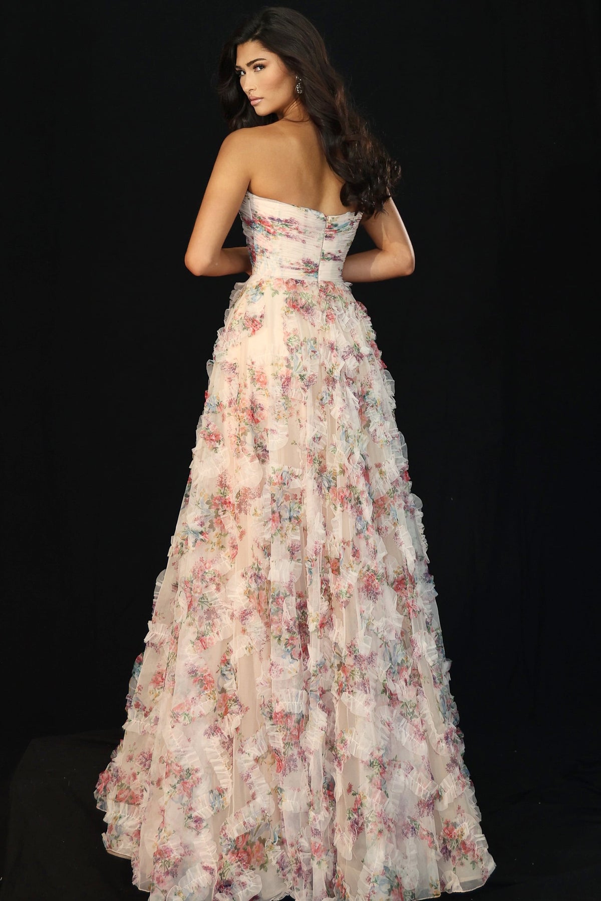 Jovani 46783 Strapless Floral Gown With Layered Ruffle Skirt