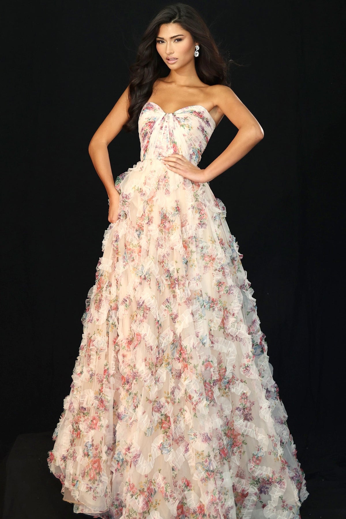 Jovani 46783 Strapless Floral Gown With Layered Ruffle Skirt