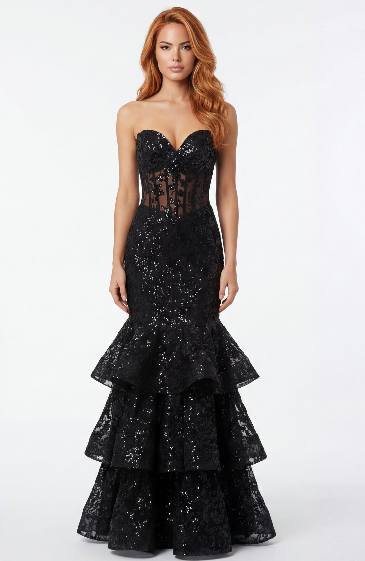Jovani 46821 Strapless Lace Fitted Gown With Tiered Ruffle Skirt