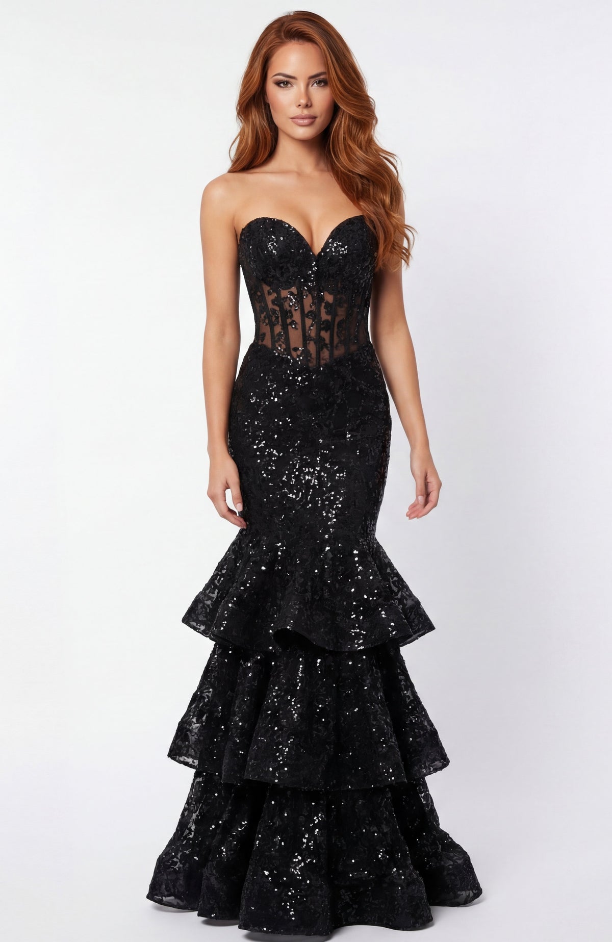 Jovani 46821 Strapless Lace Fitted Gown With Tiered Ruffle Skirt