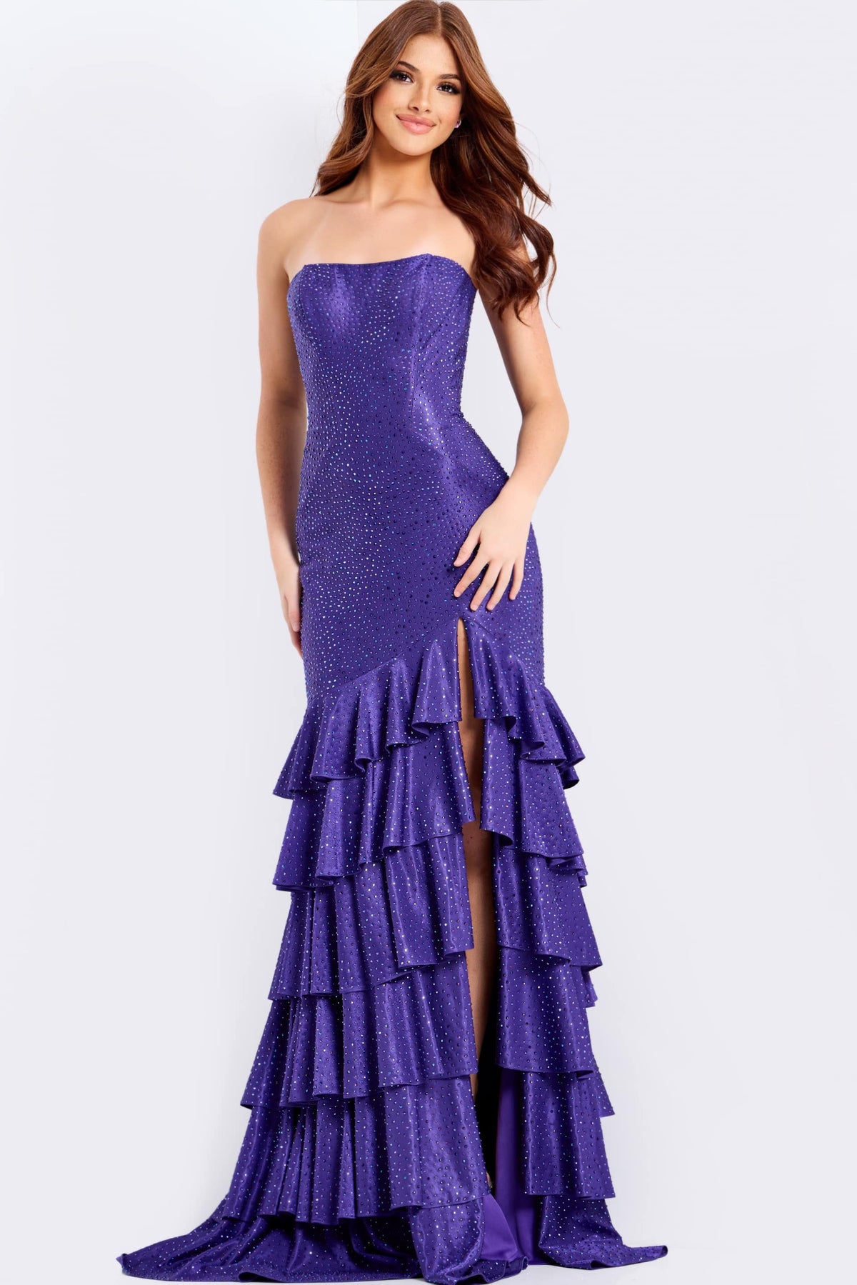 Jovani 46909 Strapless Purple Tiered Ruffle Prom Dress with Slit