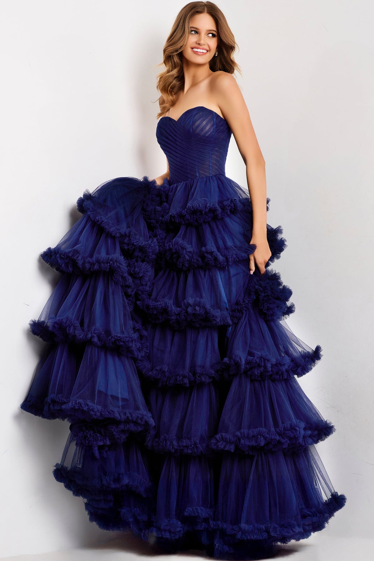 Jovani 47139 Strapless Tiered Ruffle Tulle Ball Gown