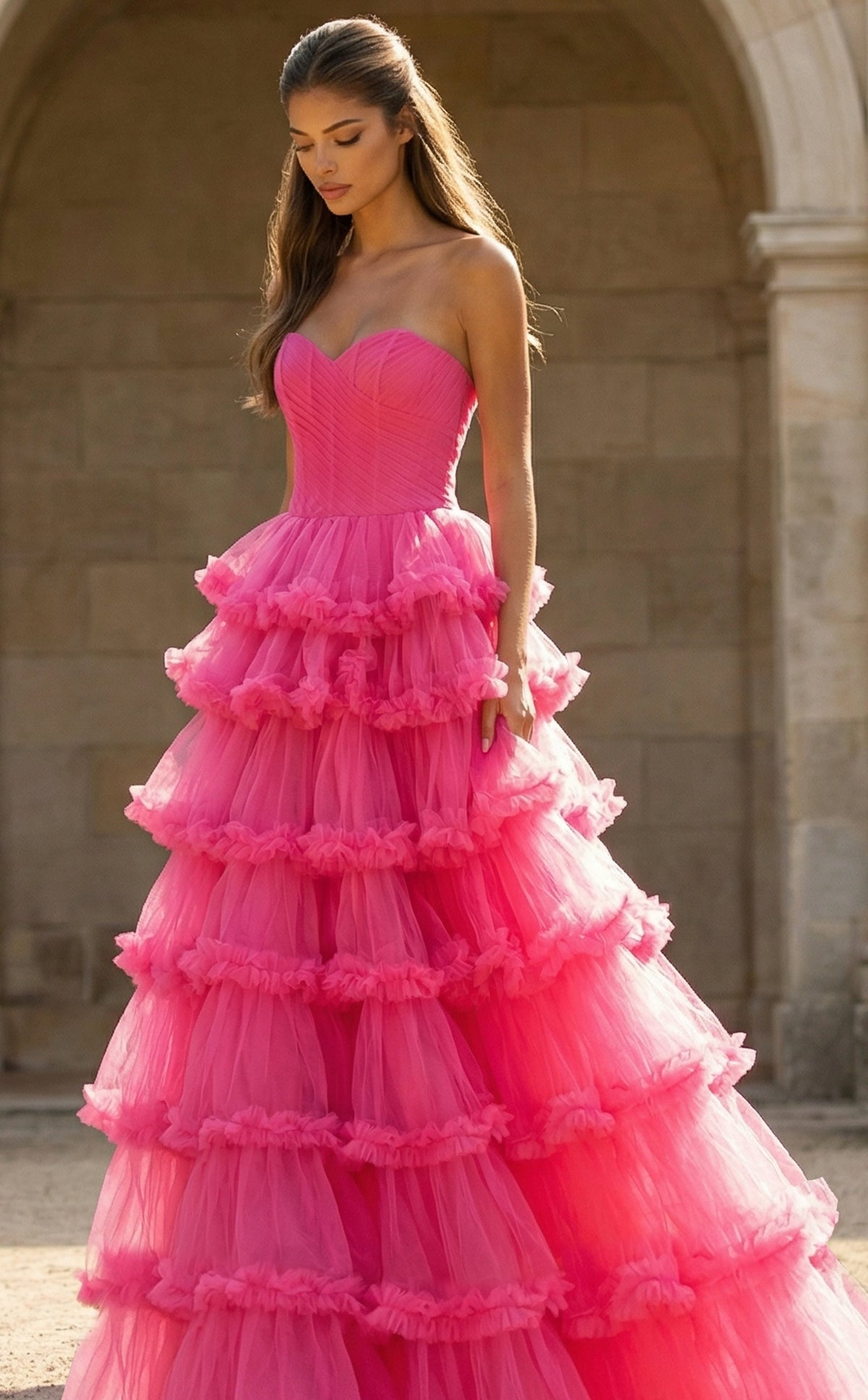 Jovani 47139 Strapless Tiered Ruffle Tulle Ball Gown