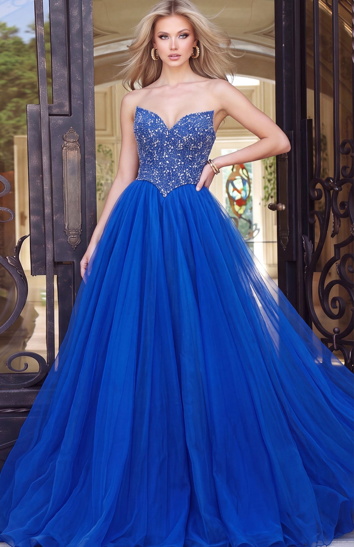 Jovani 47197 Strapless Beaded Ball Gown With Tulle Skirt