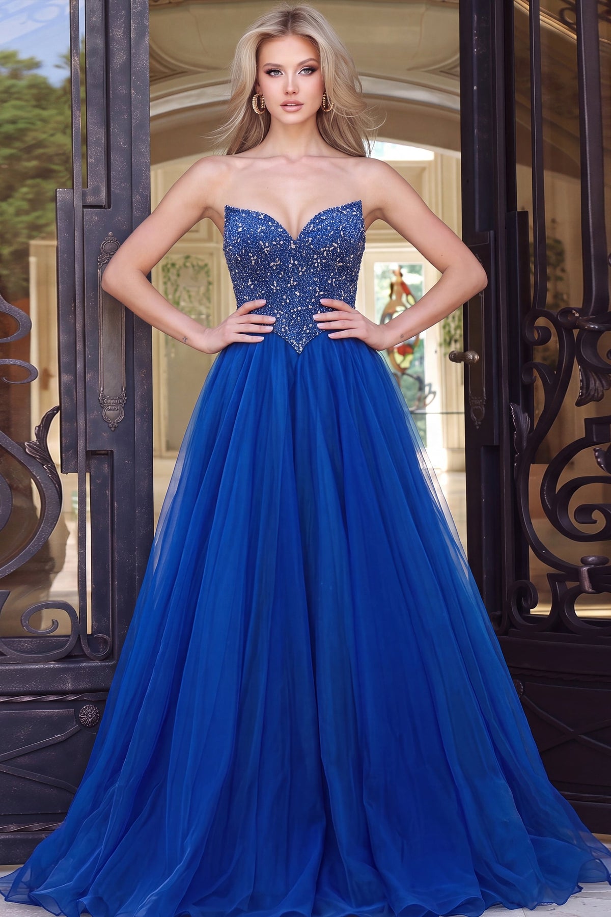 Jovani 47197 Strapless Beaded Ball Gown With Tulle Skirt