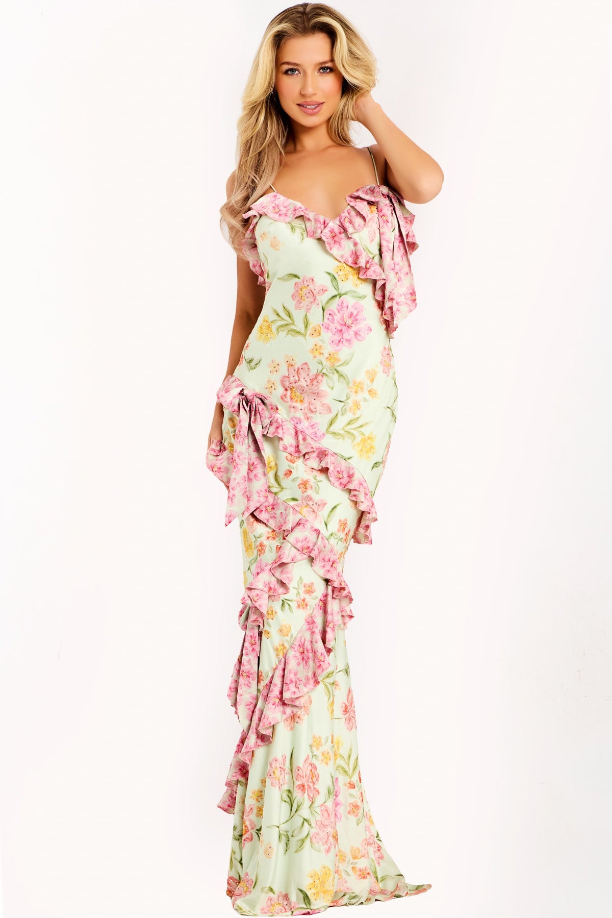 Jovani 47236 Floral Ruffle Print Dress With Bow Strap