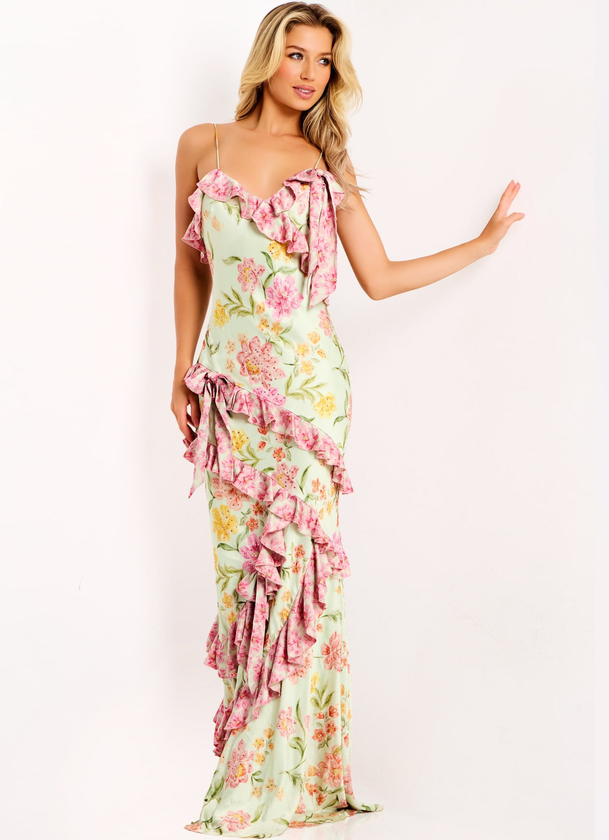 Jovani 47236 Floral Ruffle Print Dress With Bow Strap