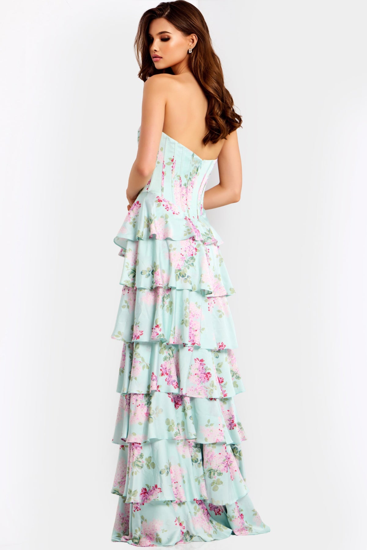 Jovani 47579 Strapless Tiered Floral Prom Dress With Slit