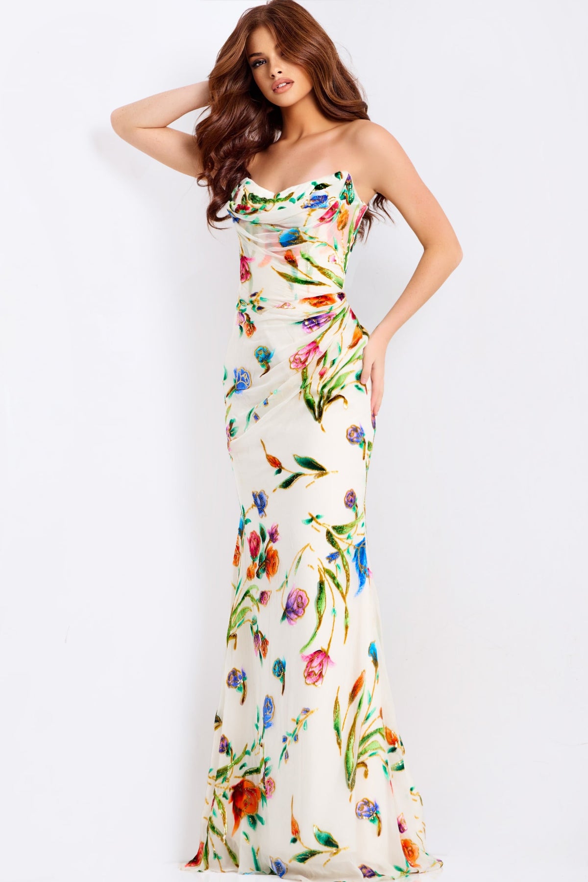 Jovani 47626 Floral Print Prom Dress With Cowl Neck