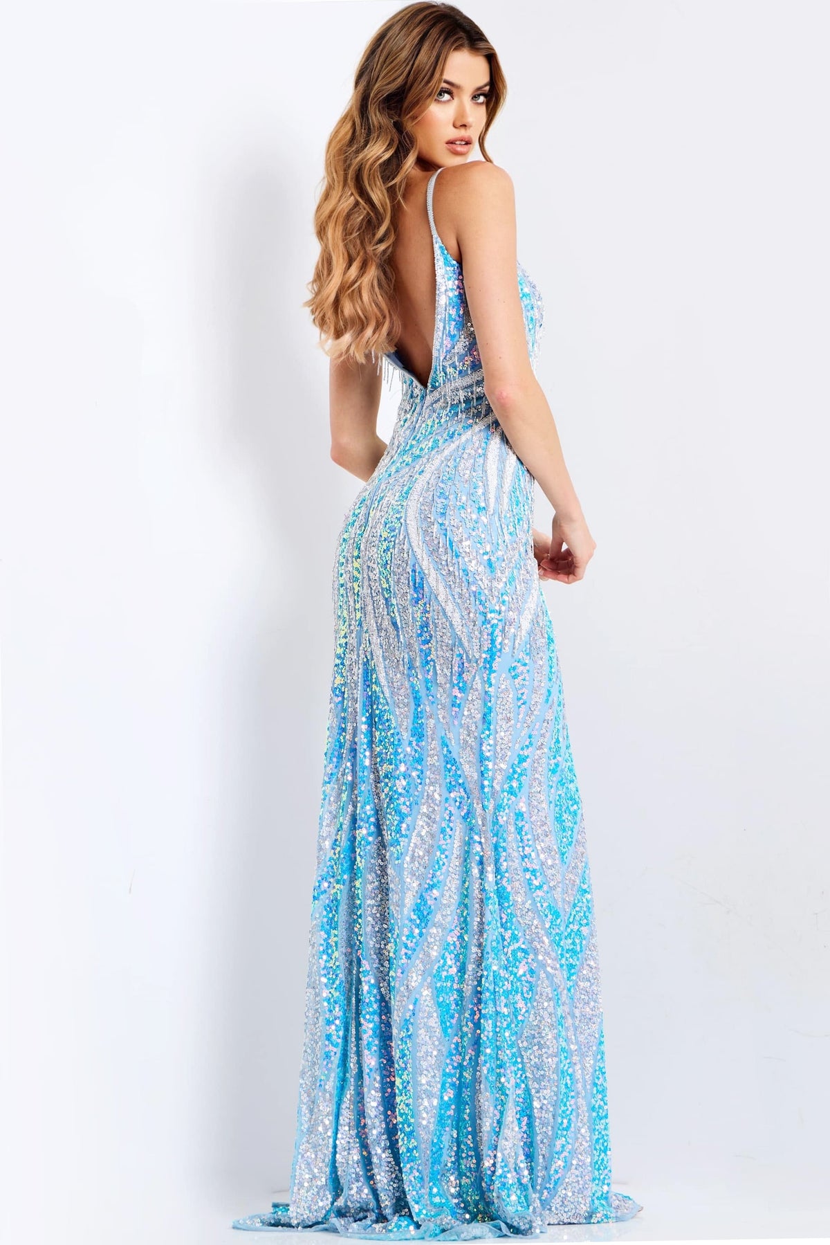Jovani 47710 Fringed Sequin V-Neck Gown with High Slit