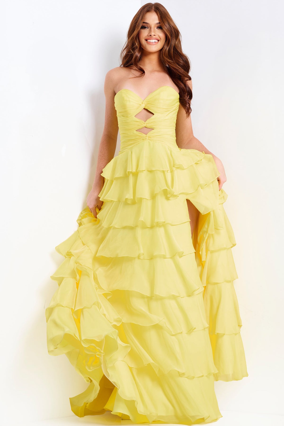 Jovani 47743 Strapless Tiered Ruffle Gown with Knotted Bodice