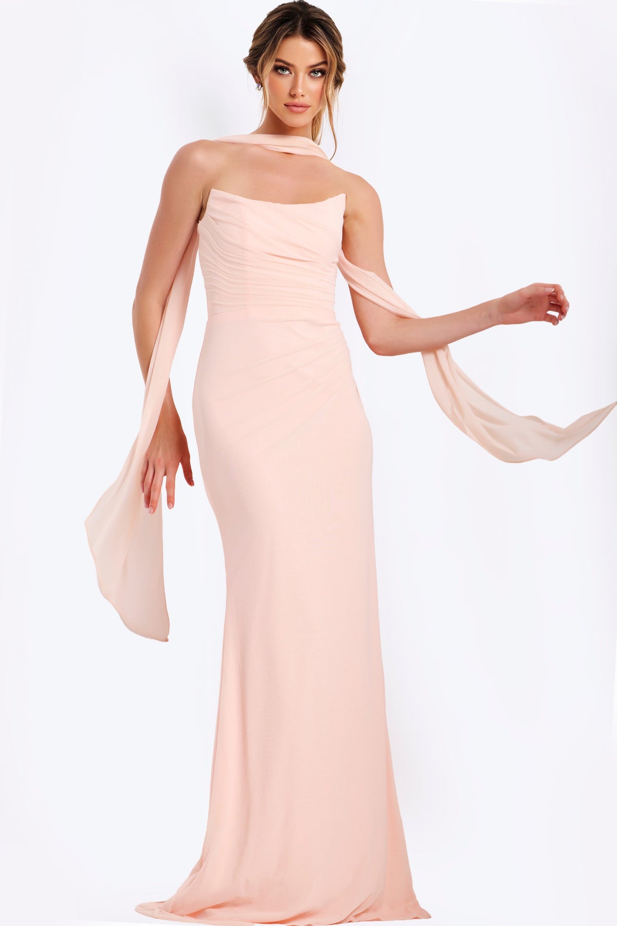 Jovani 47874 Strapless Dress with Ruched Bodice and Scarf