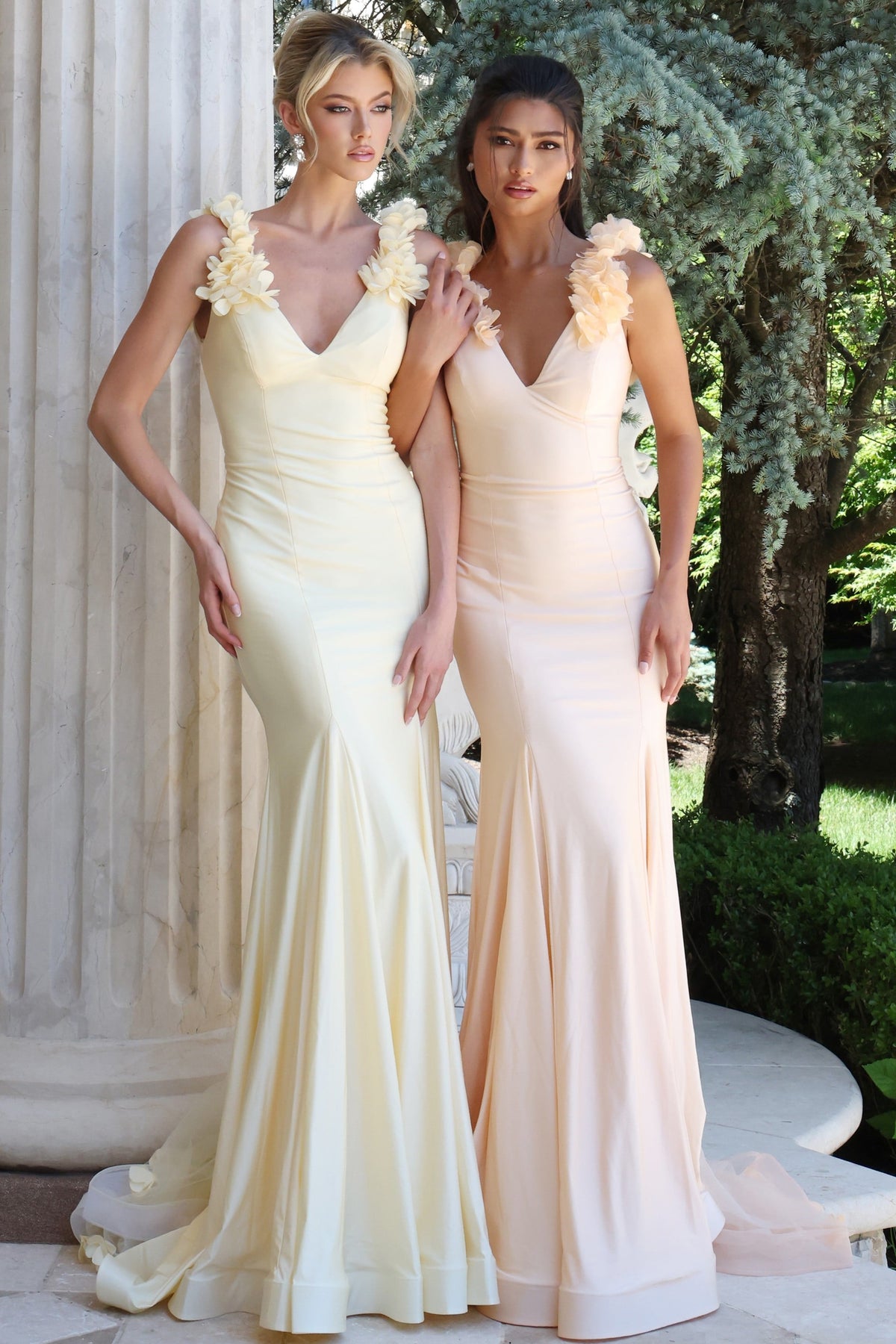 Jovani 48120 Floral Shoulder Strap Mermaid Gown with V-Neckline