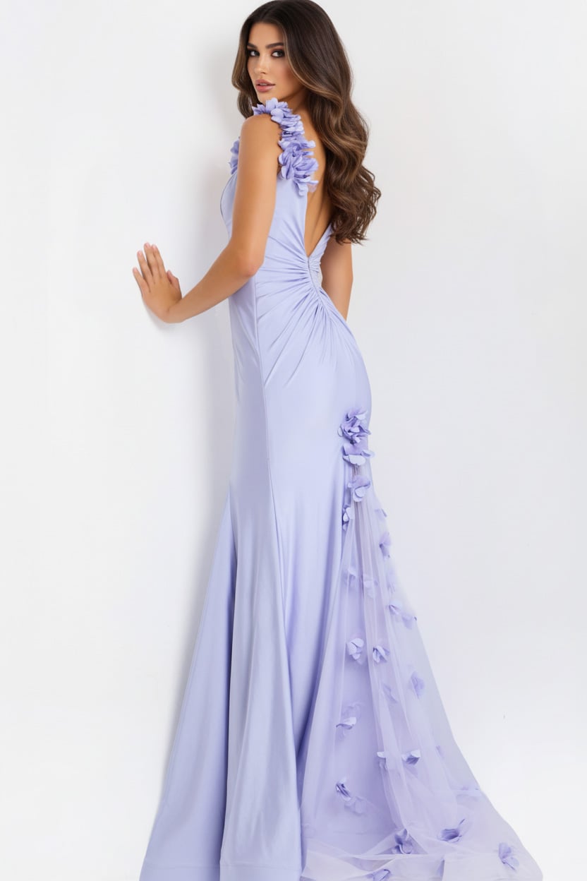Jovani 48120 Floral Shoulder Strap Mermaid Gown with V-Neckline