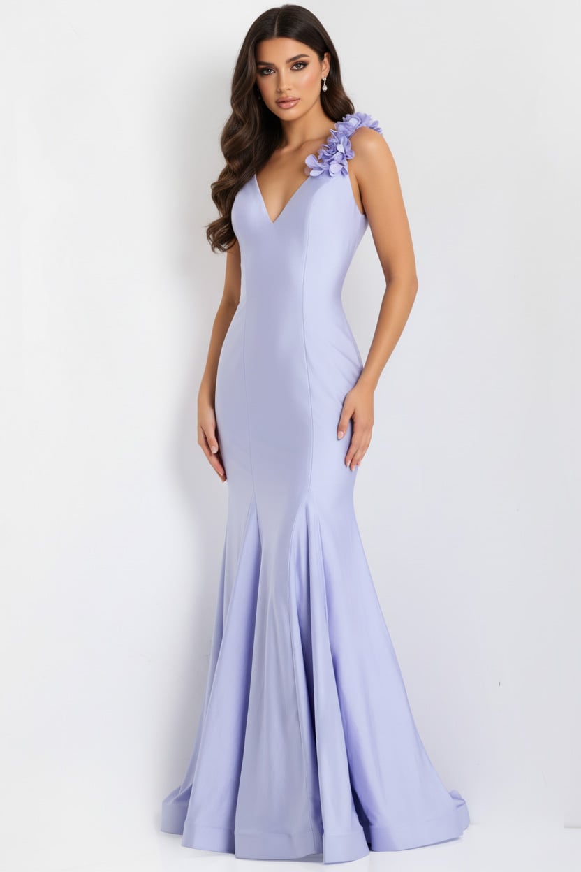 Jovani 48120 Floral Shoulder Strap Mermaid Gown with V-Neckline