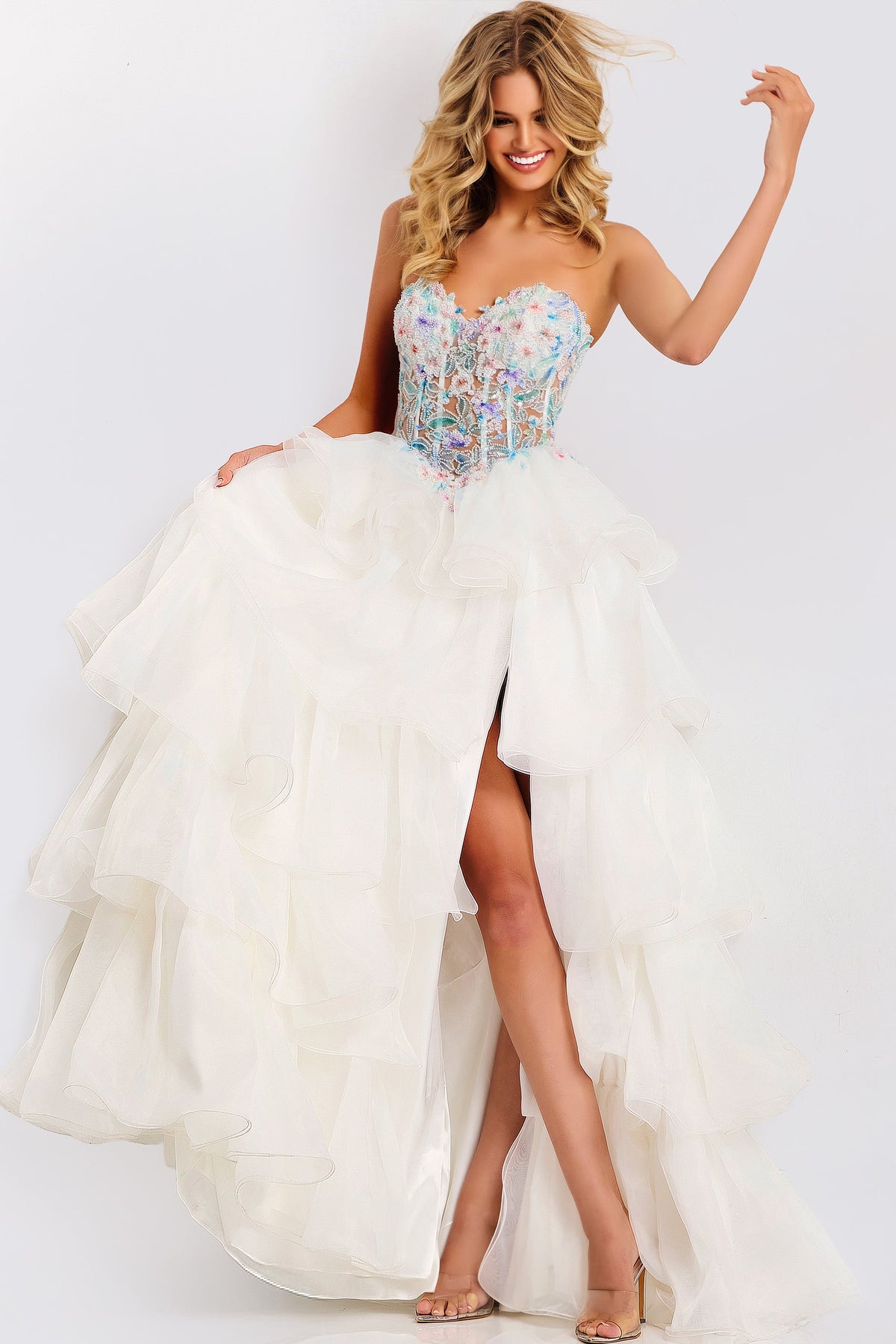 Jovani 48177 Tiered Ruffle Dress With Floral Beaded Corset