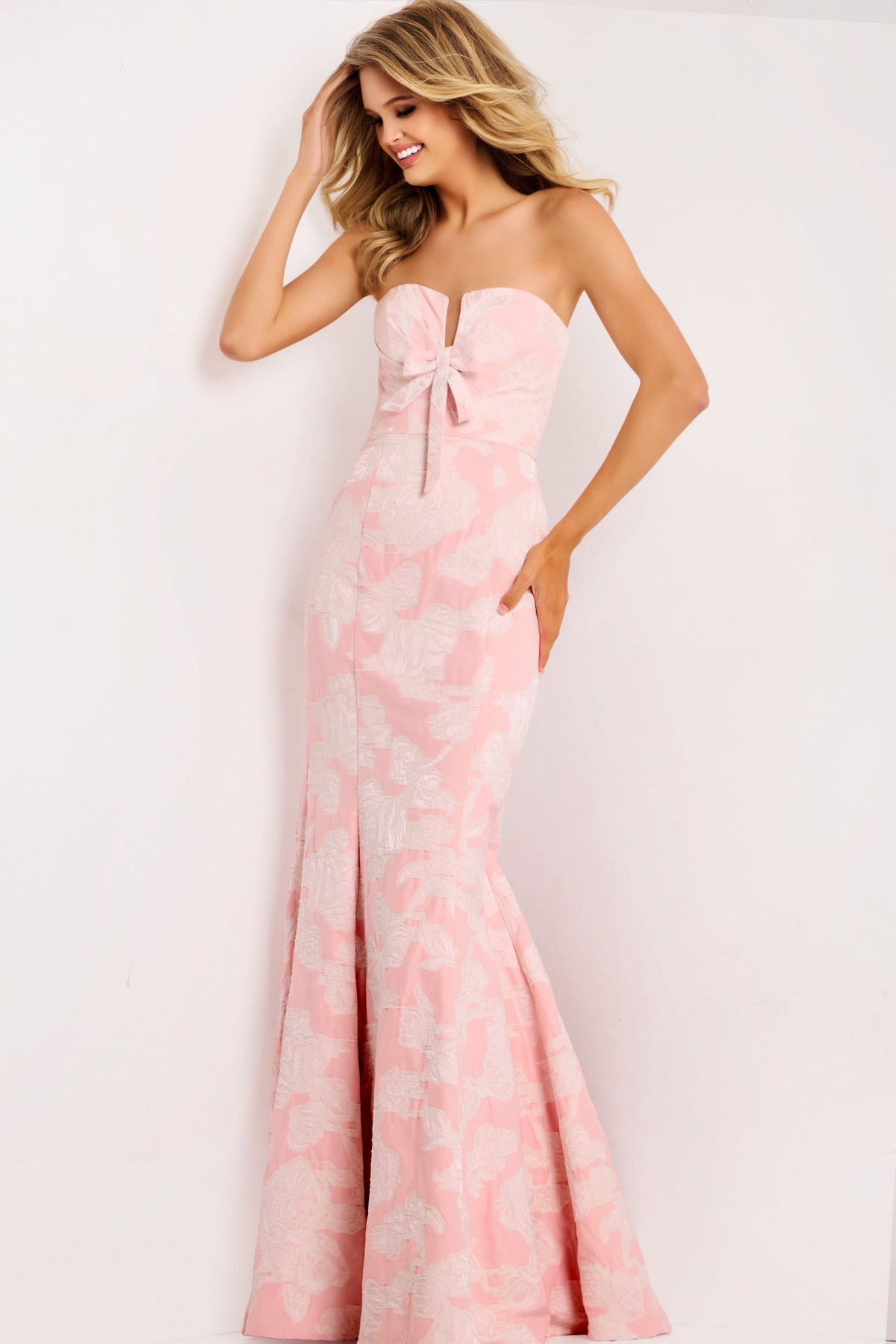 Jovani 48260 Strapless Jacquard Dress With Bow Detail