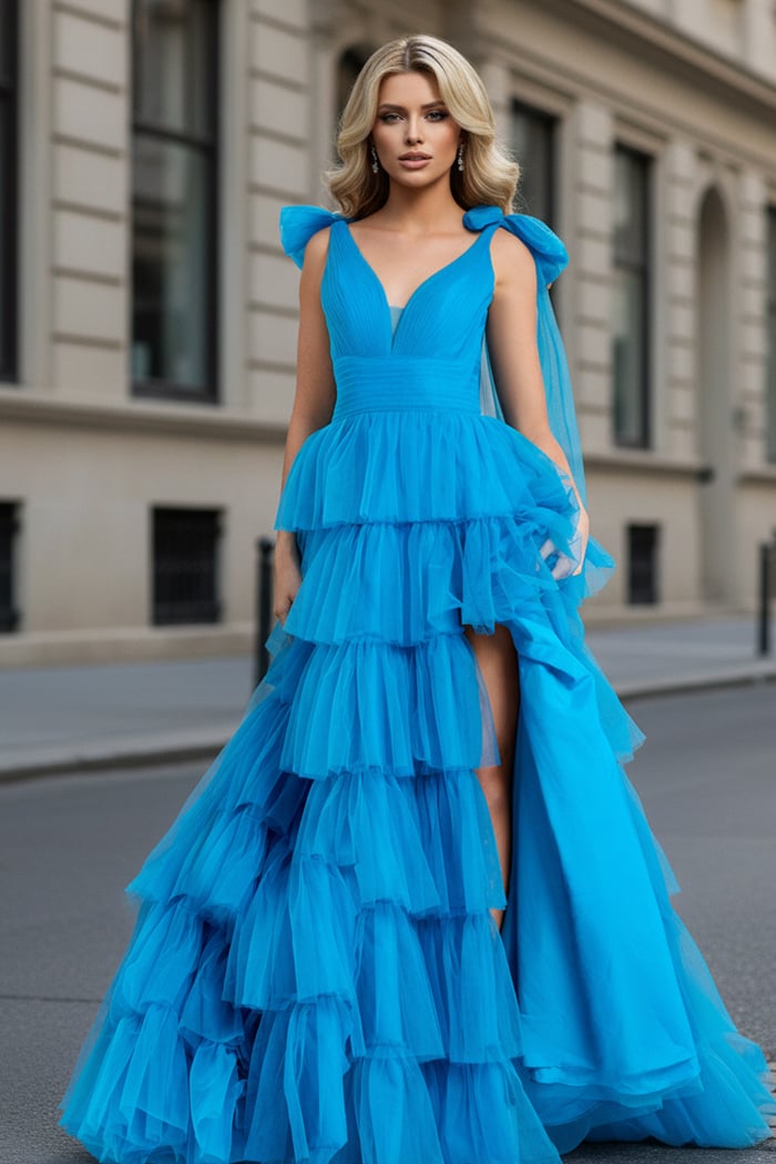 Jovani 48288 Layered Tulle Prom Dress With Bow Straps