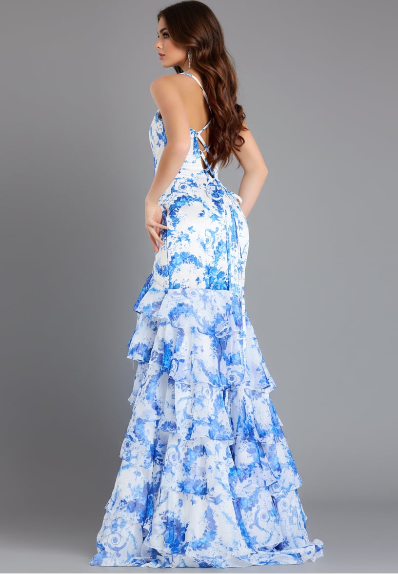 Jovani 48331 Floral Print Gown with Tiered Ruffle Skirt