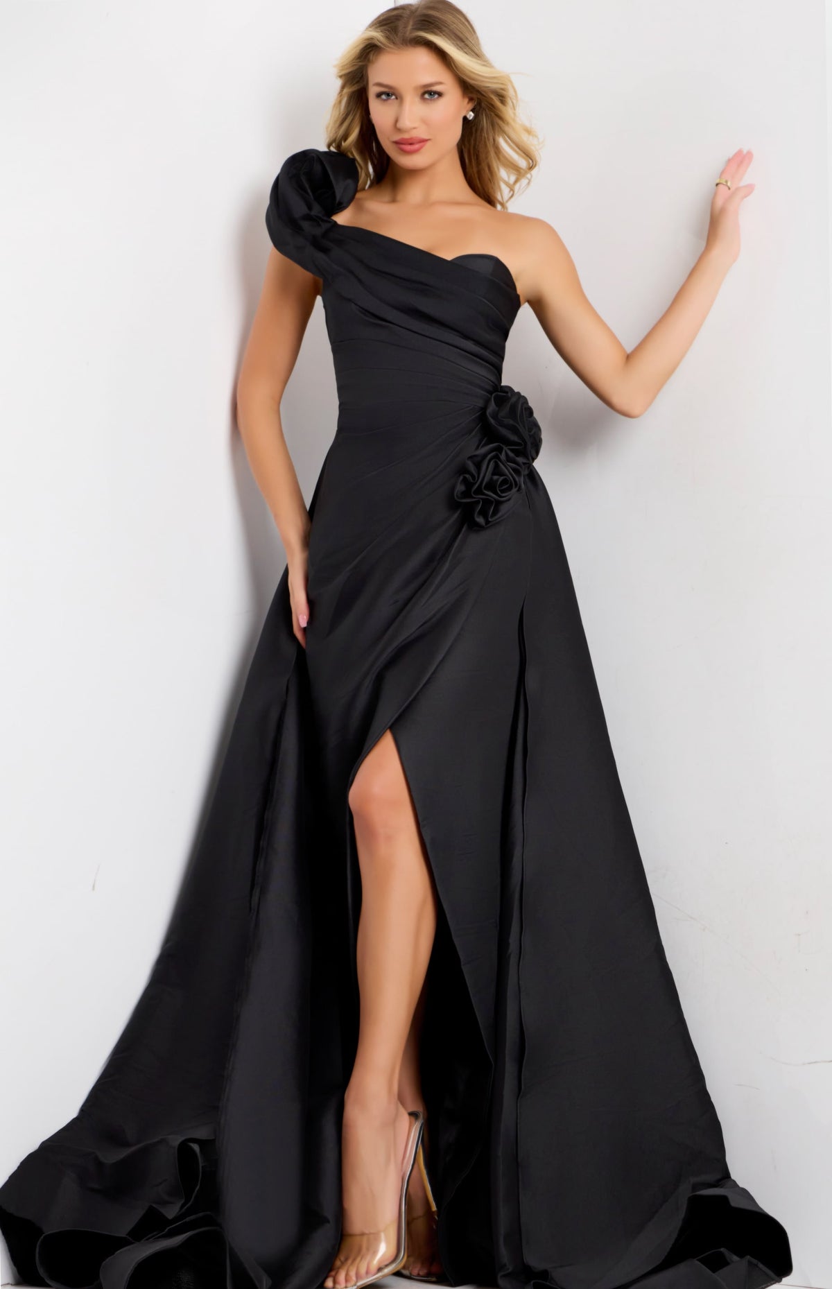 Jovani 48450 One Shoulder Black Evening Gown with Floral Detail