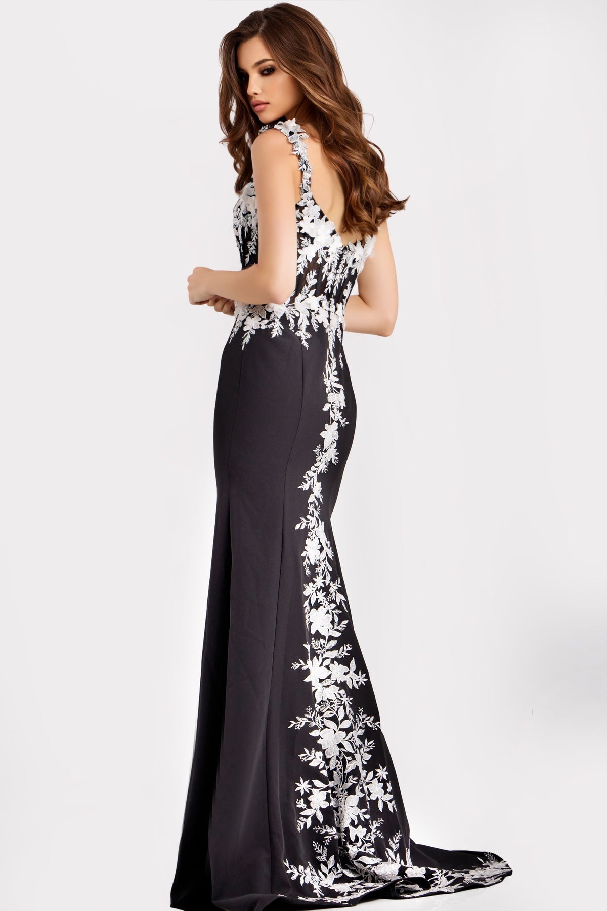 Jovani 49465 Black Floral Appliqué Gown