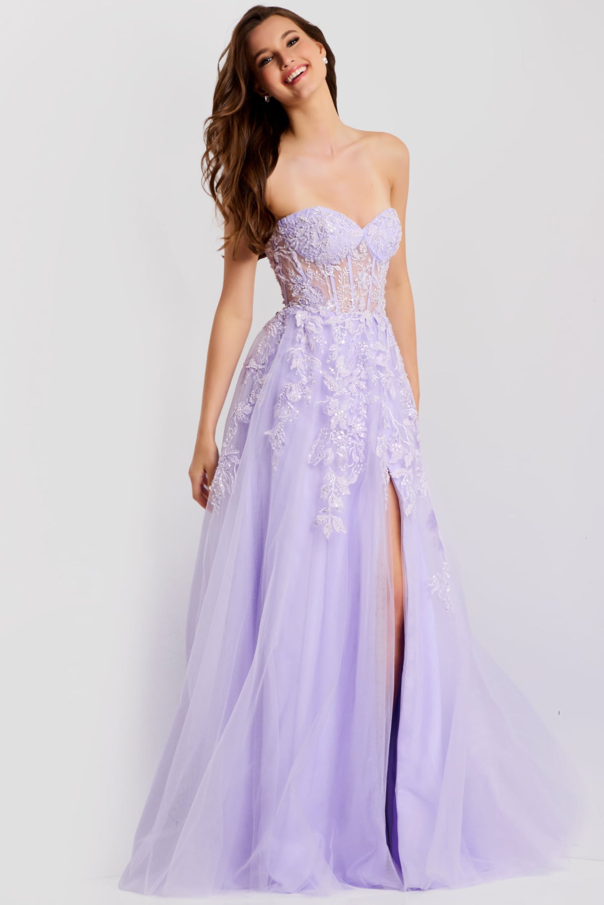 Jovani 49656 Strapless A-Line Tulle Gown with Floral Embroidery