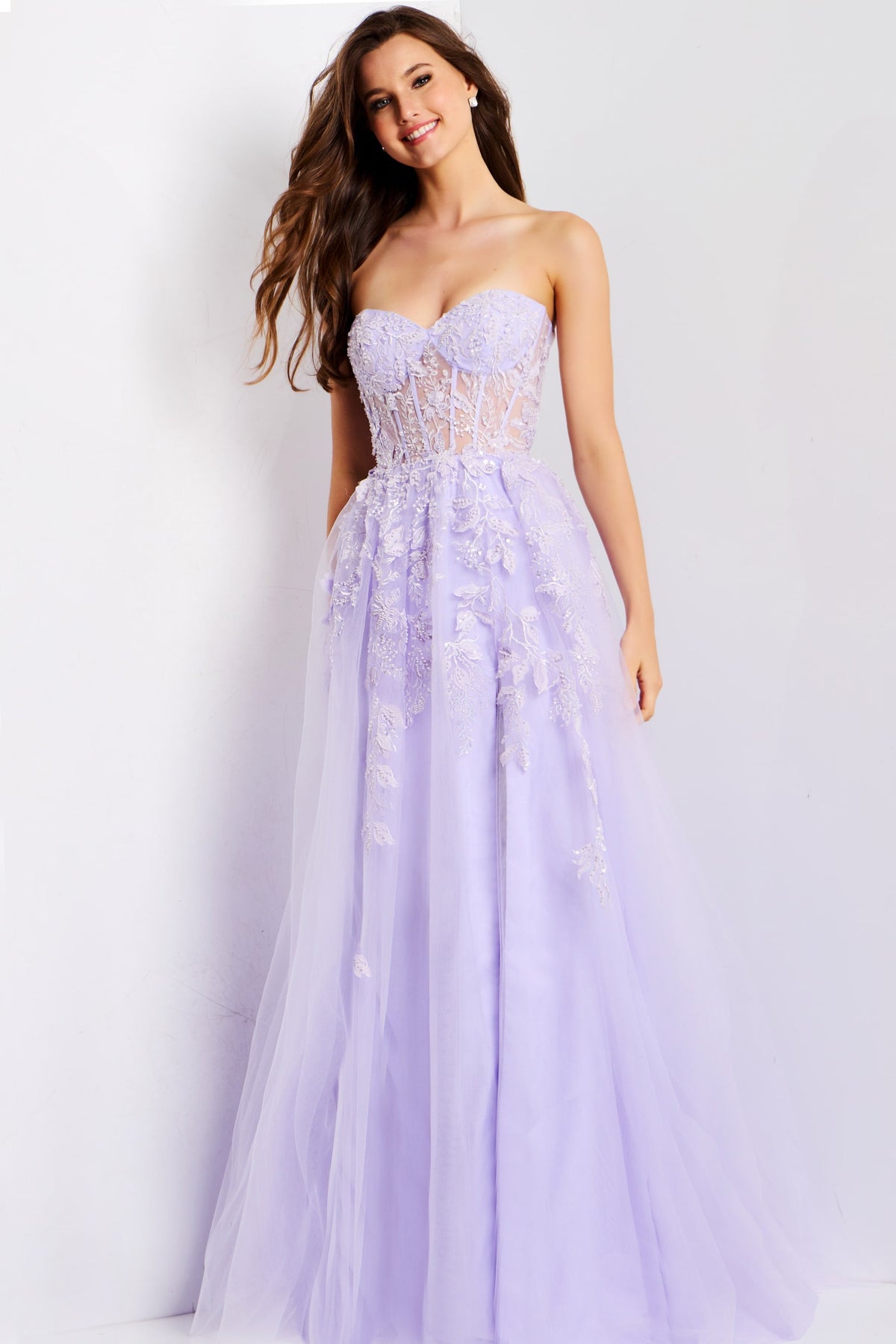 Jovani 49656 Strapless A-Line Tulle Gown with Floral Embroidery