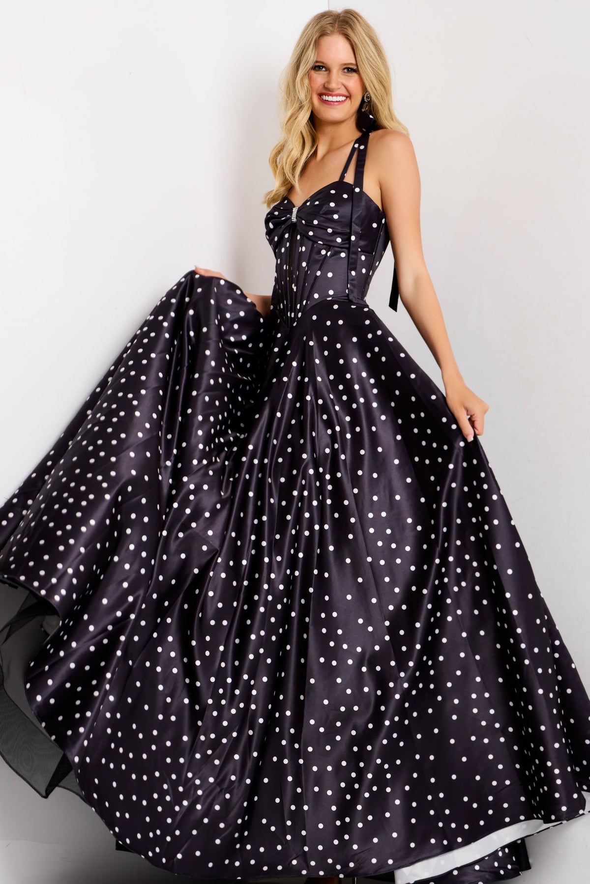 Jovani 49774 Polka Dot A-Line Gown with Lace Up Back