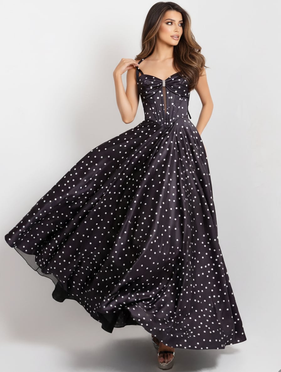 Jovani 49774 Polka Dot A-Line Gown with Lace Up Back