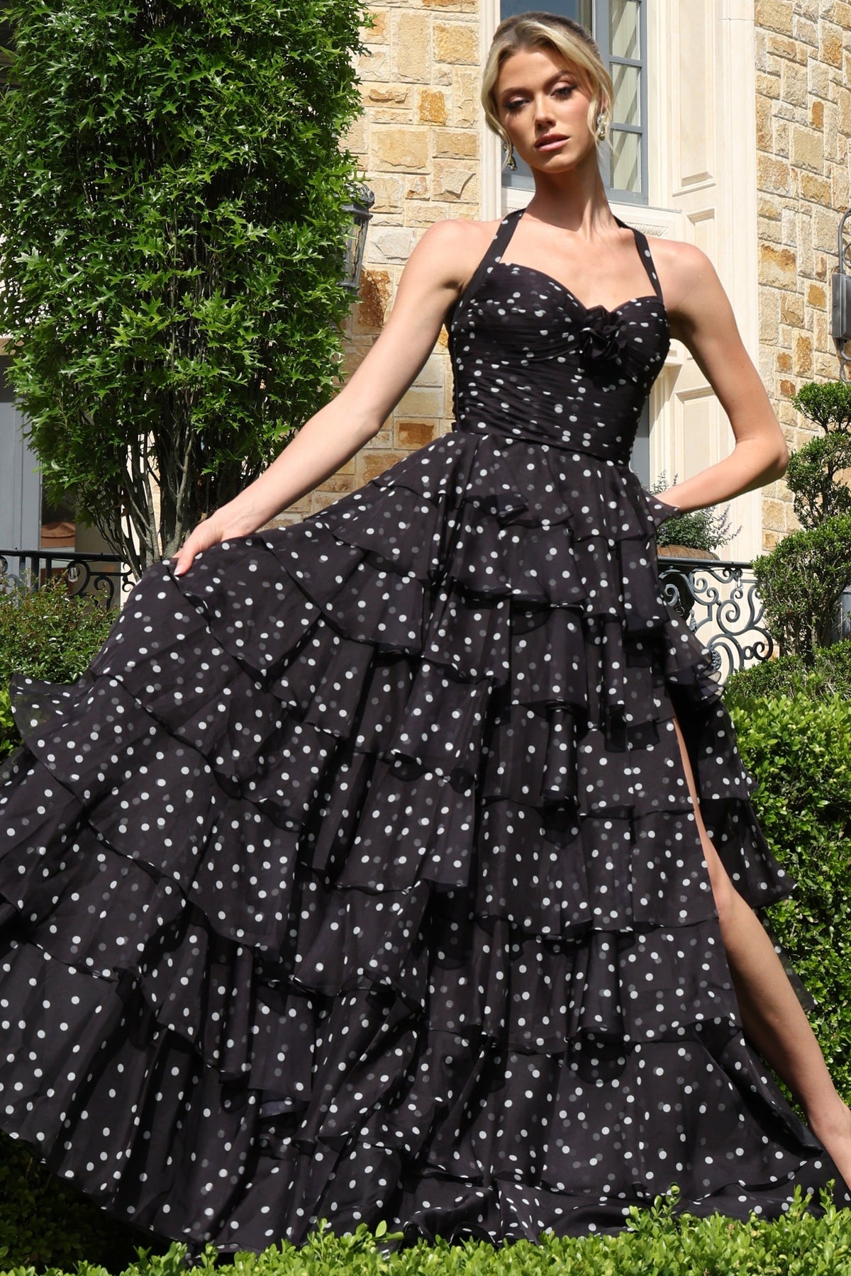 Jovani 49776 Polka Dot Halter Tiered Ruffle Gown